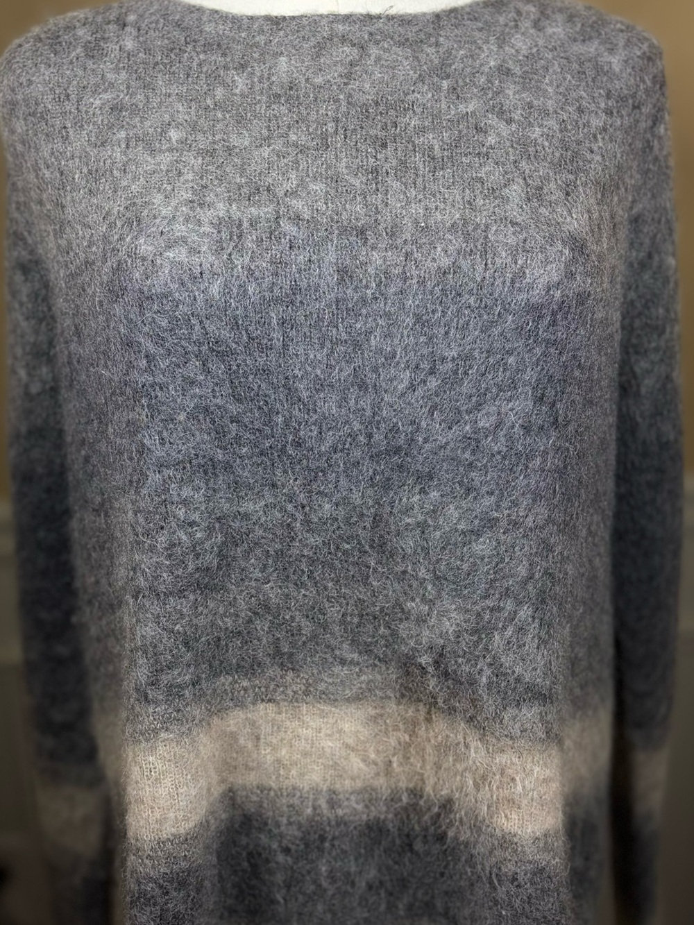 🩶 Eileen Fisher S/P Mohair Alpaca Gray Cream Stripe Fuzzy Sweater